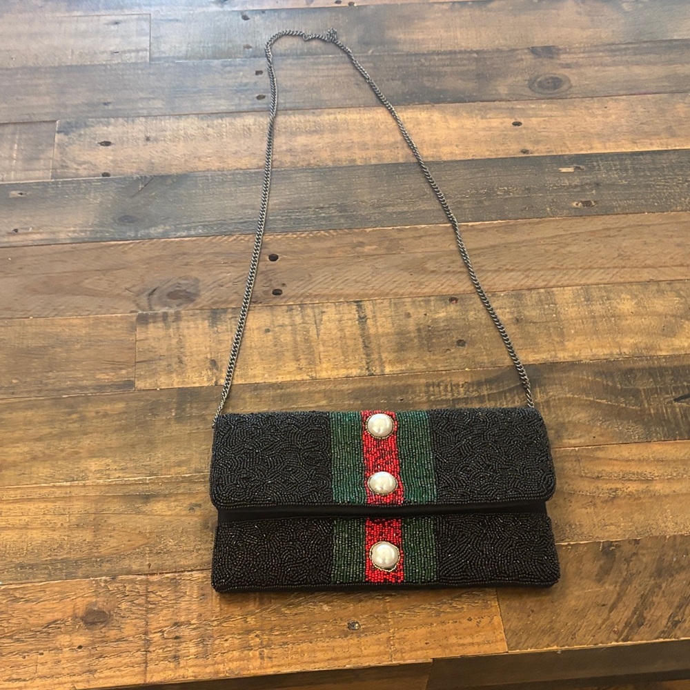 Elegant Black Beaded Clutch with Chain Strap